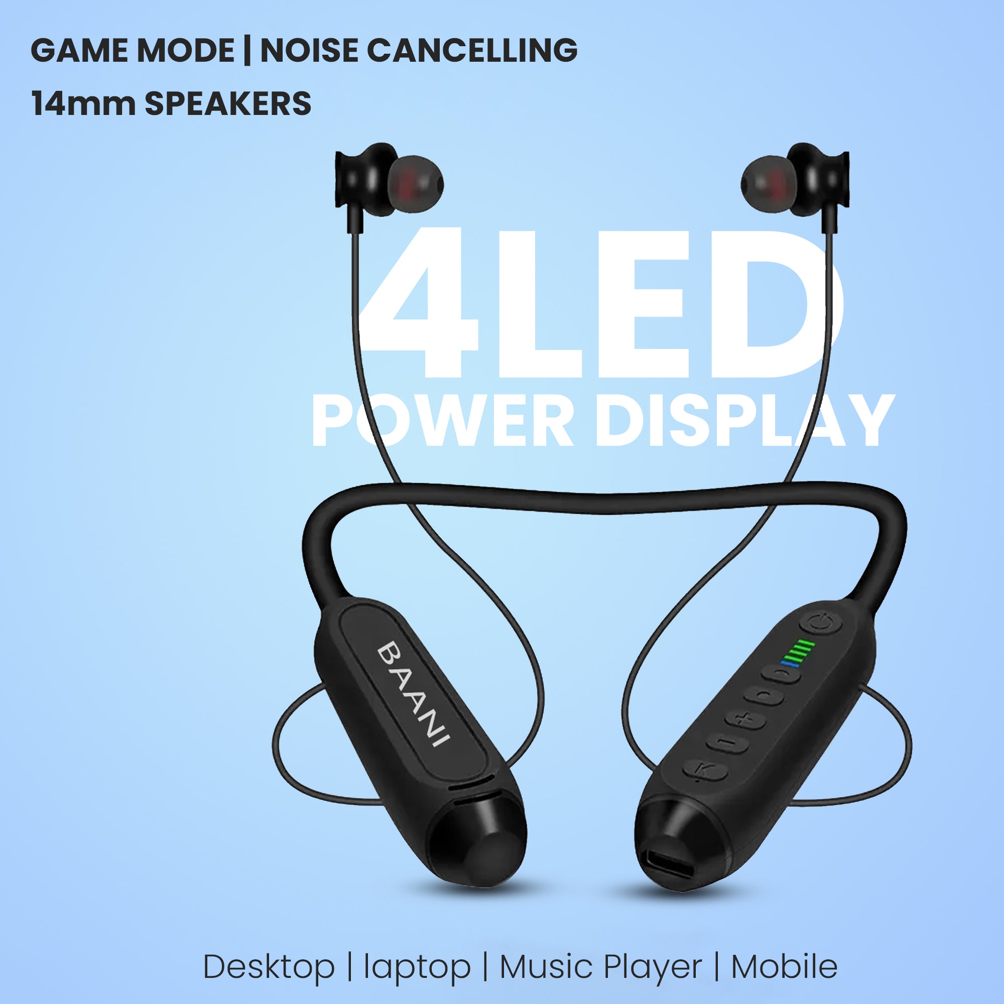 Baani Audio Wireless Bluetooth Neckband with Mic 100 Hours Playtime 4 Level Led Display Lightweight Magnetic Ear Tips Integrated Controls and AI Intelligent - BN207 PRO+
