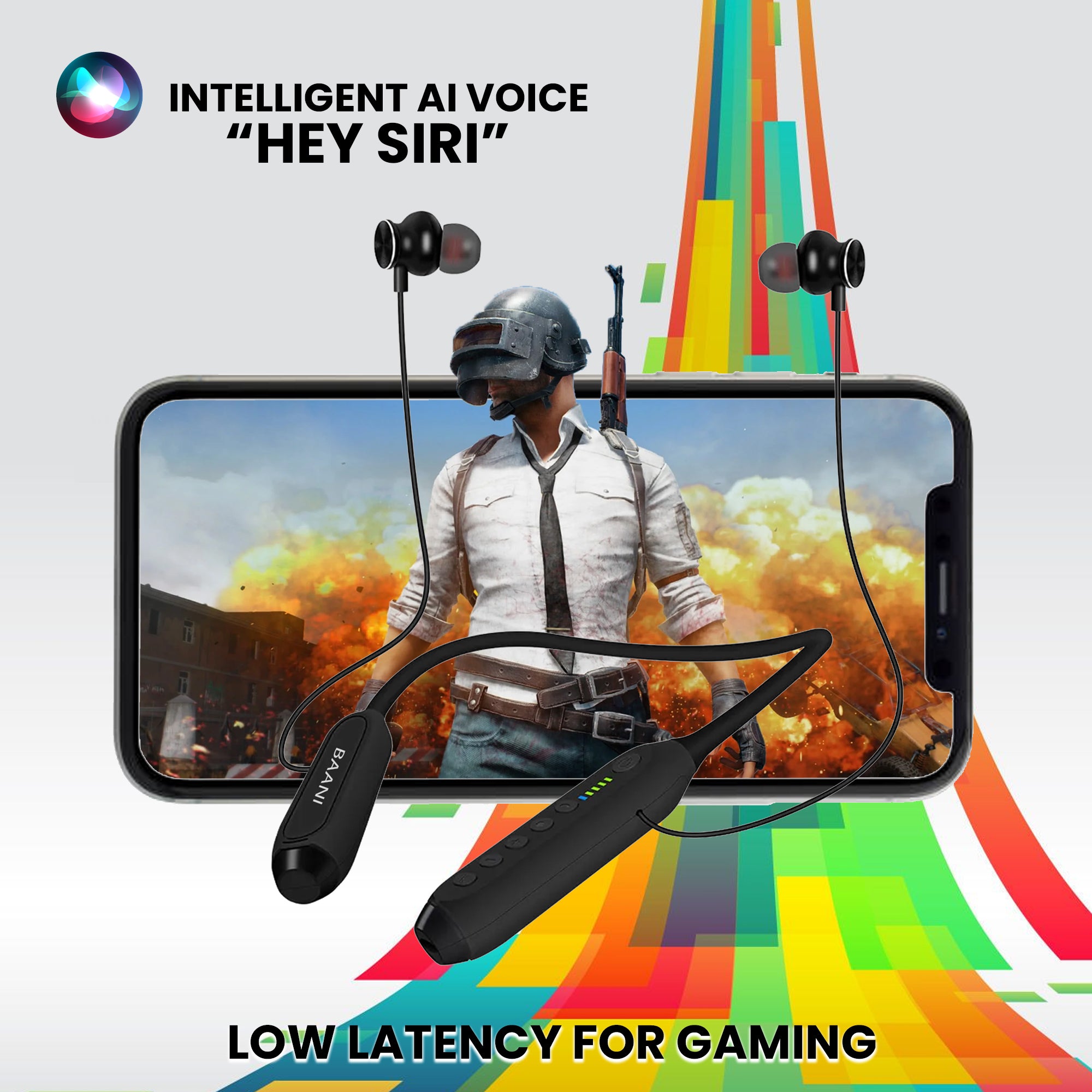 Baani Audio Wireless Bluetooth Neckband with Mic 100 Hours Playtime 4 Level Led Display Lightweight Magnetic Ear Tips Integrated Controls and AI Intelligent - BN207 PRO+