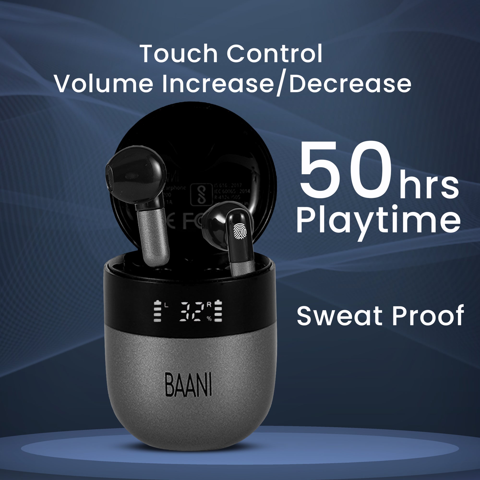 Baani Audio Truly Wireless Earbuds in Ear 5.3 Bluetooth Earphones with Mic & Long Battery   Life Touch Control with LED Display IPX5 Rating Water Resistant & Low Latency for Gaming Mode (BN-200 Red)