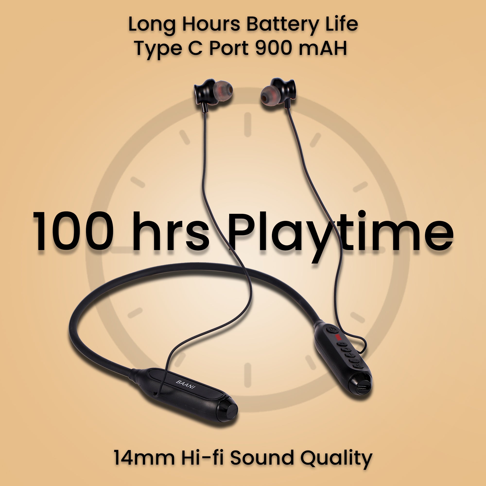 Baani Audio Wireless Bluetooth Neckband with Mic 100 Hours Playtime 4 Level Led Display Lightweight Magnetic Ear Tips Integrated Controls and AI Intelligent - BN207 PRO+