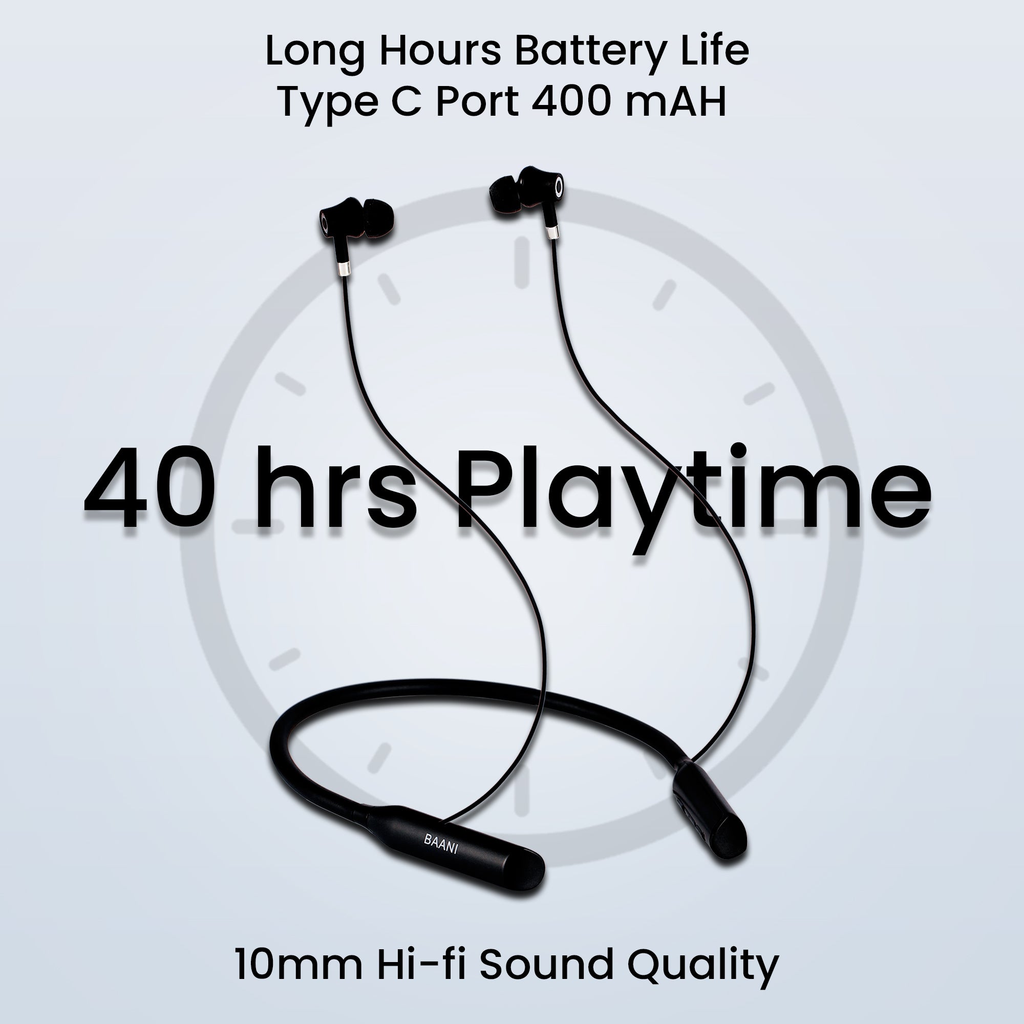 Baani Audio Wireless Bluetooth Neckband Earphones with Mic 40 Hrs Playtime Sd Card Support Heavy Bass Copper Ring Speaker Ipx5 Magnetic Ear Tips Integrated Controls & Ai Intelligent - BN206 Pro