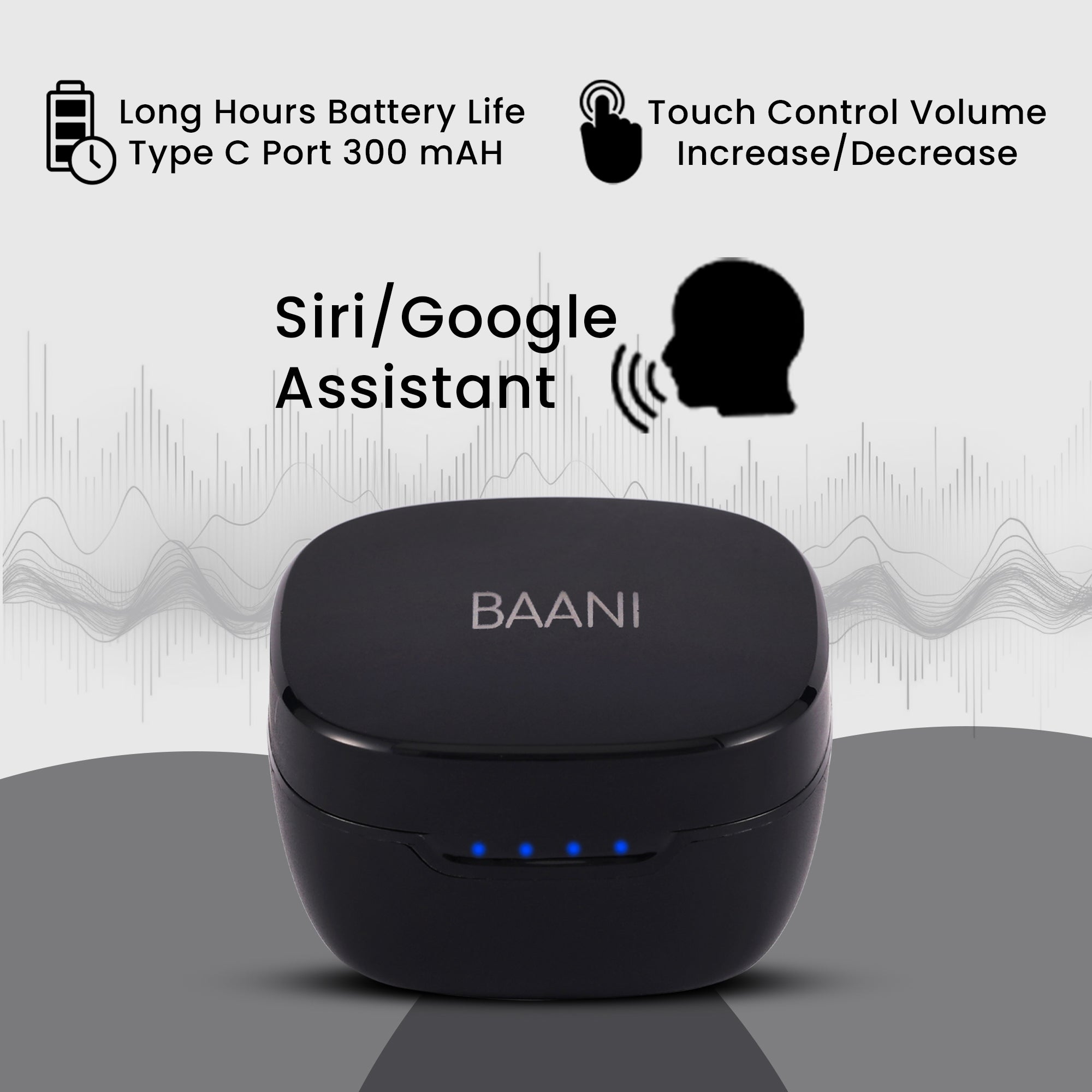 Baani Audio TWS Earbud 50Hrs Playtime, Hi-Fi Sound, Low Latency, Auto Pairing, IPX5, Type-C Fast Charging, Binaural Calling, Voice Assistant, Touch Control, 300mAh Battery, Bluetooth 5.3 (BT104 Black)