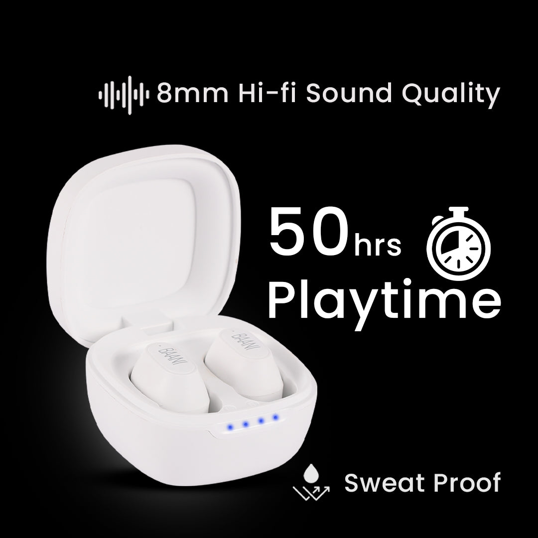 Baani Audio TWS Earbud 50Hrs Playtime, Hi-Fi Sound, Low Latency, Auto Pairing, IPX5, Type-C Fast Charging, Binaural Calling, Voice Assistant, Touch Control, 300mAh Battery, Bluetooth 5.3 (BT104 Black)