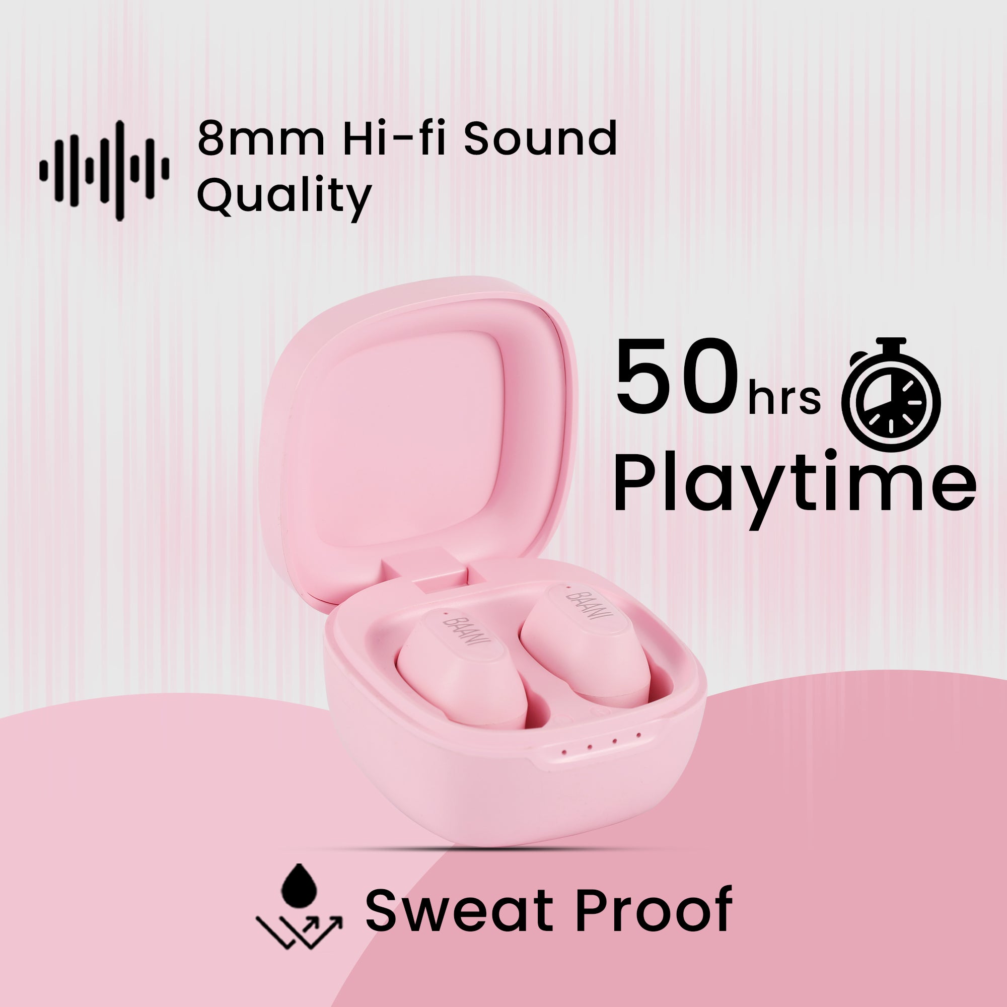 Baani Audio TWS Earbud 50Hrs Playtime, Hi-Fi Sound, Low Latency, Auto Pairing, IPX5, Type-C Fast Charging, Binaural Calling, Voice Assistant, Touch Control, 300mAh Battery, Bluetooth 5.3 (BT104 Black)