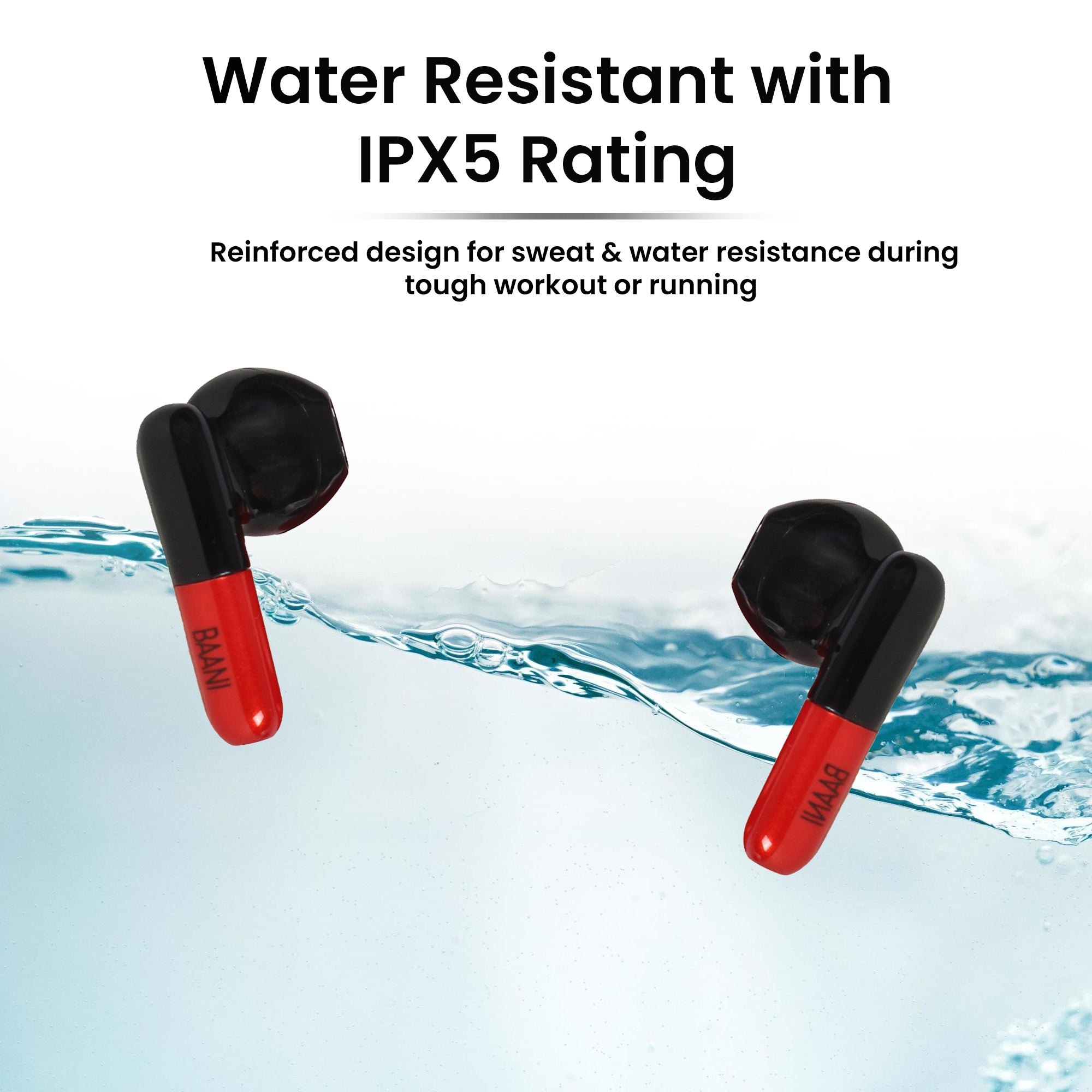 Red earbuds in water highlighting water-resistant properties