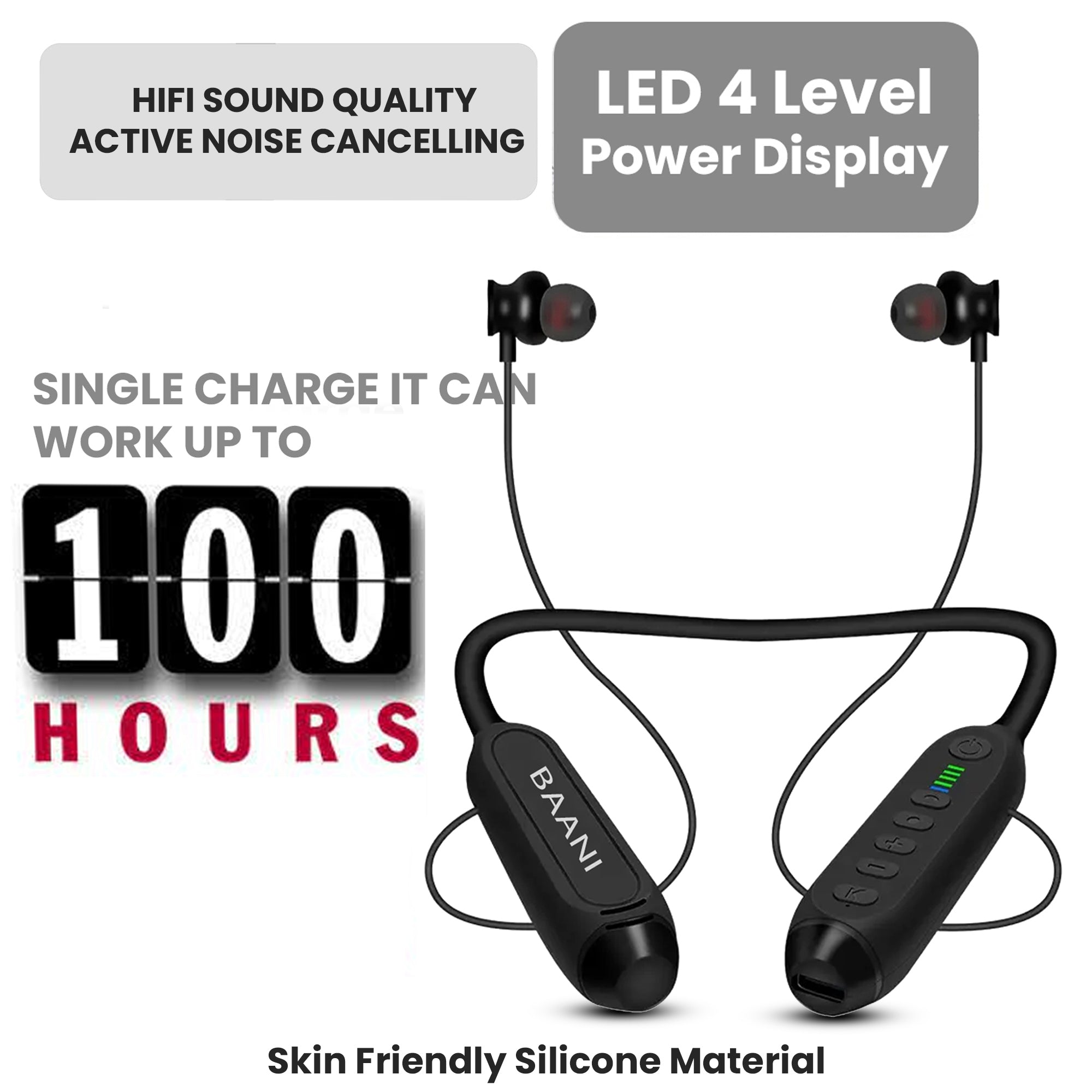 Baani Audio Wireless Bluetooth Neckband with Mic 100 Hours Playtime 4 Level Led Display Lightweight Magnetic Ear Tips Integrated Controls and AI Intelligent - BN207 PRO+