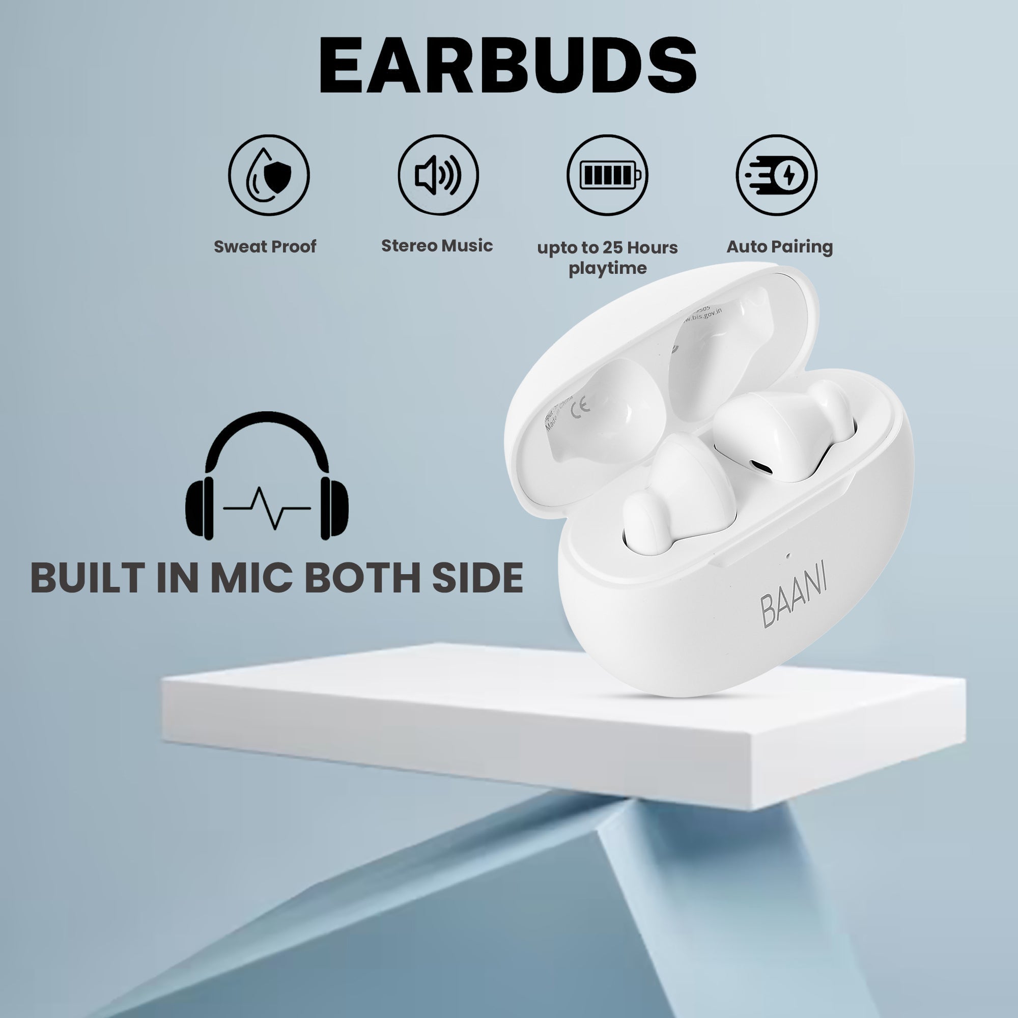 Features of white earbuds BT101 by Baani Audio