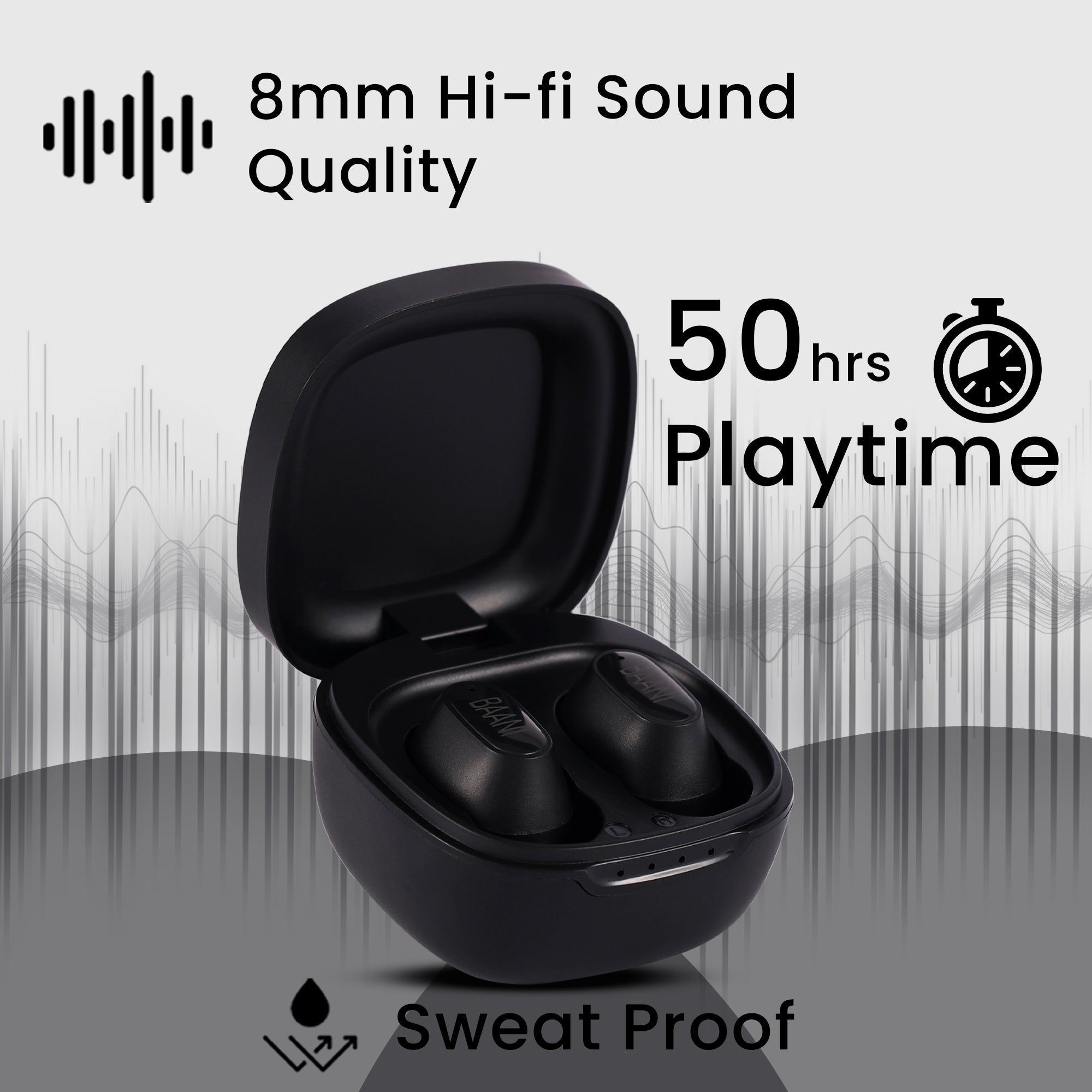 Baani Audio TWS Earbud 50Hrs Playtime, Hi-Fi Sound, Low Latency, Auto Pairing, IPX5, Type-C Fast Charging, Binaural Calling, Voice Assistant, Touch Control, 300mAh Battery, Bluetooth 5.3 (BT104 Black)