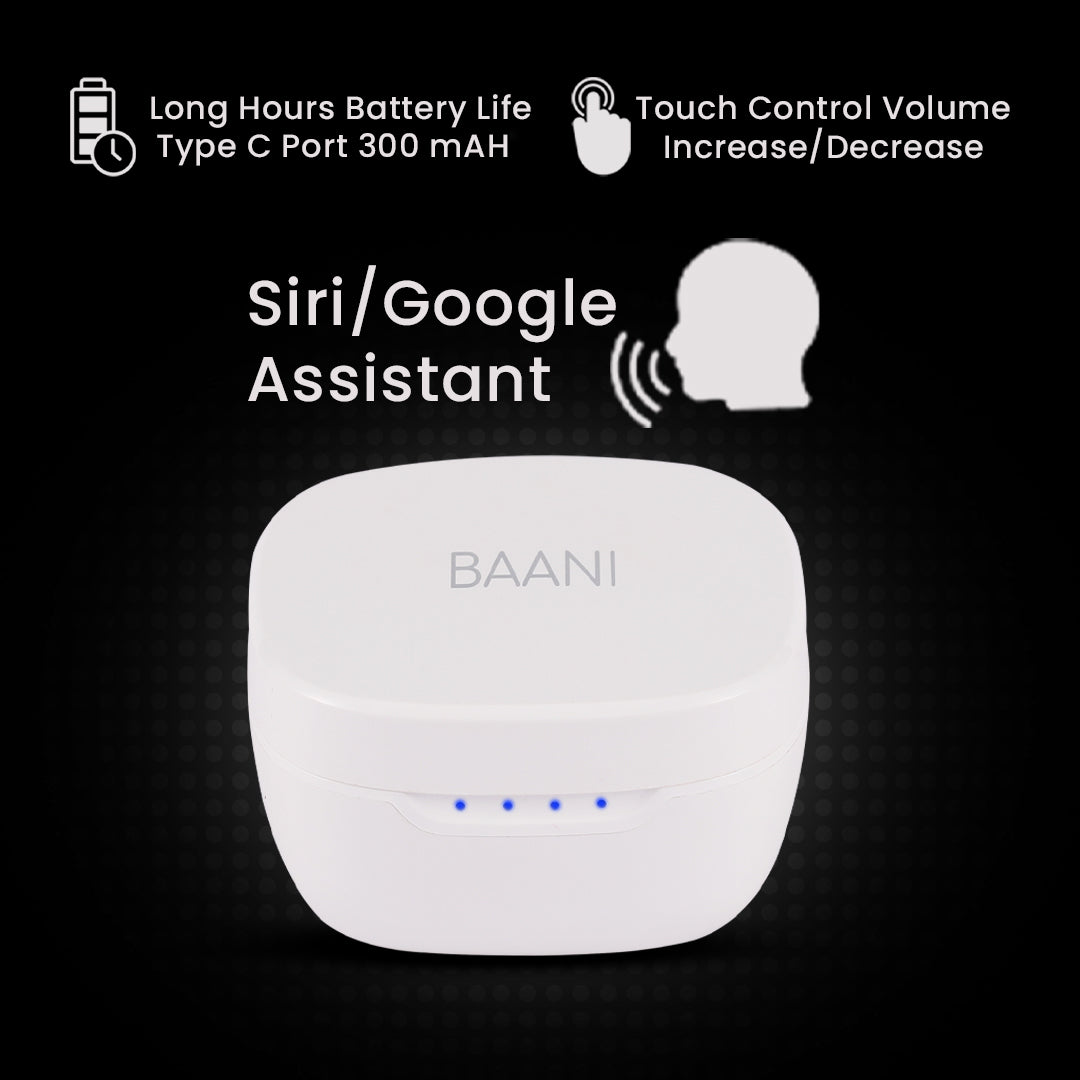 Baani Audio TWS Earbud 50Hrs Playtime, Hi-Fi Sound, Low Latency, Auto Pairing, IPX5, Type-C Fast Charging, Binaural Calling, Voice Assistant, Touch Control, 300mAh Battery, Bluetooth 5.3 (BT104 Black)