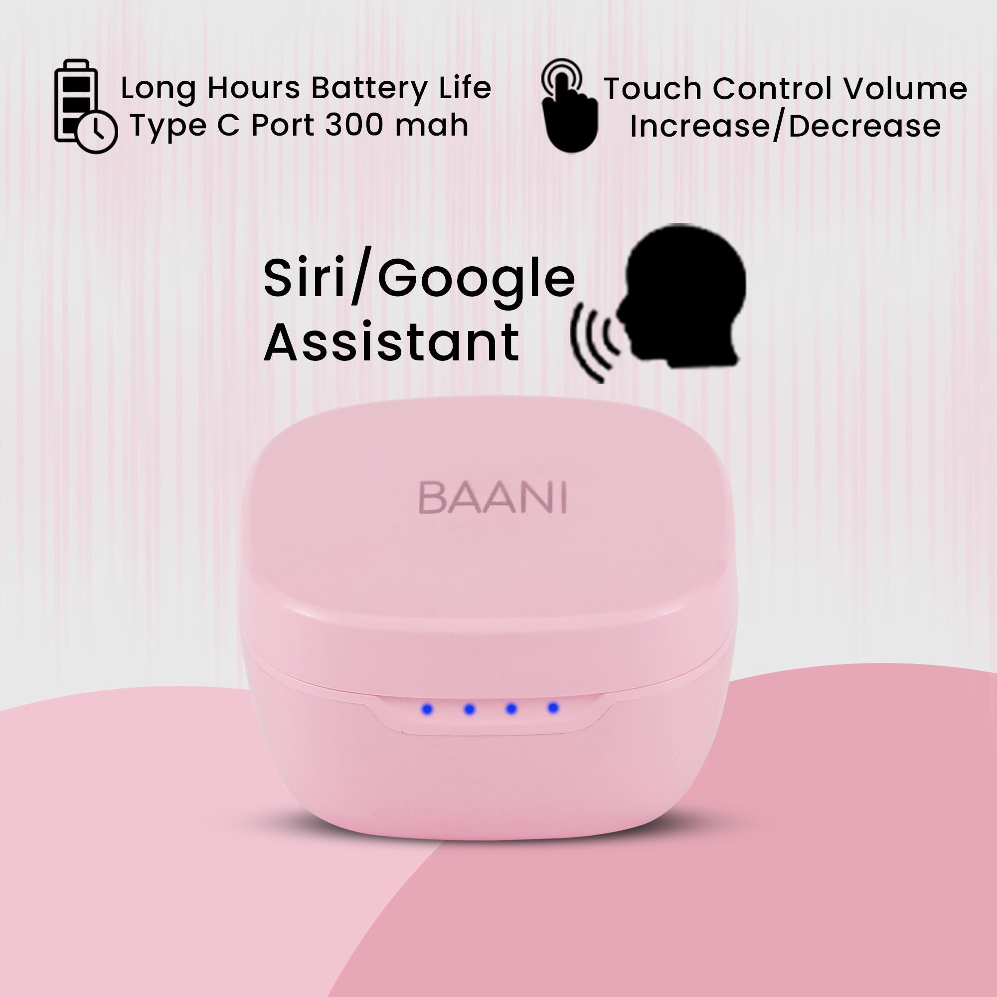 Baani Audio TWS Earbud 50Hrs Playtime, Hi-Fi Sound, Low Latency, Auto Pairing, IPX5, Type-C Fast Charging, Binaural Calling, Voice Assistant, Touch Control, 300mAh Battery, Bluetooth 5.3 (BT104 Black)