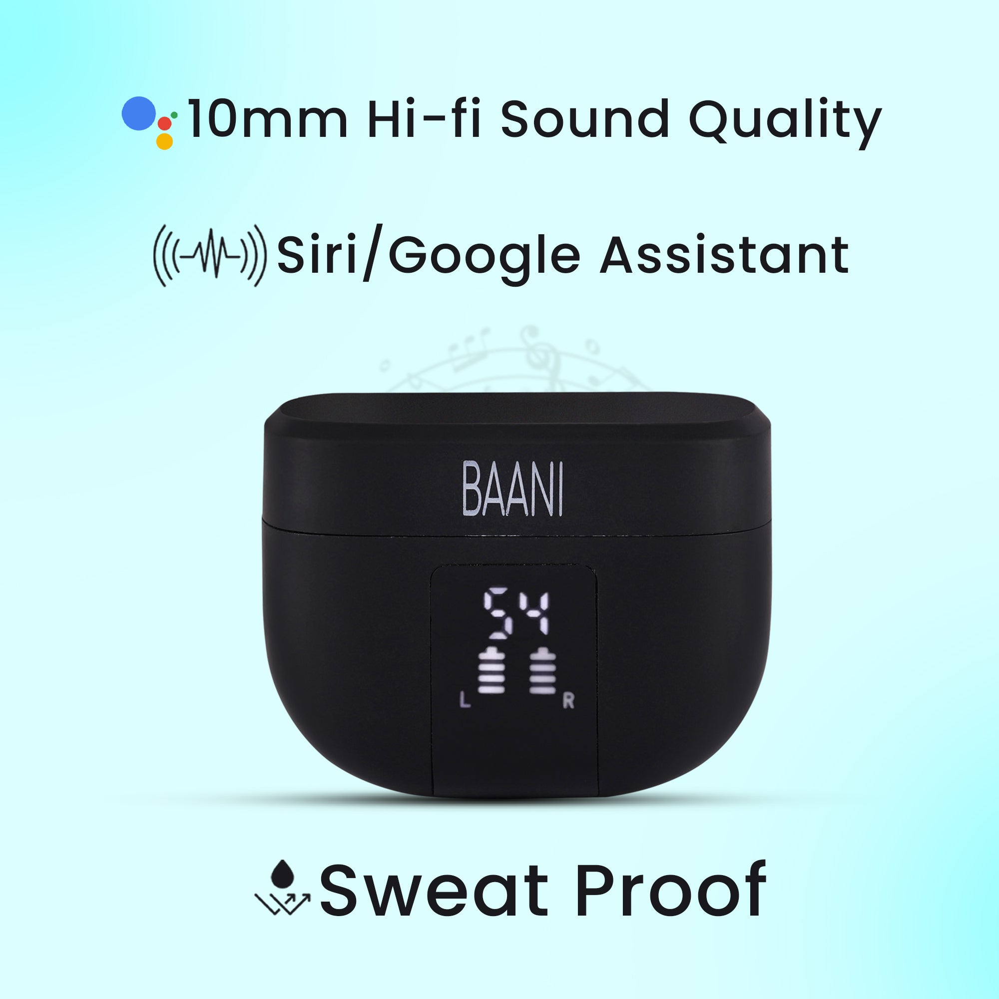 "Baani Audio Truly Wireless Earbud TWS Earphone, Quad Mic Technology ENC, 40Hrs Playtime, Low Latency Gaming, IPX5, Bluetooth 5.2, Voice Assistant, Touch Control, 300mAh Battery (BT-102 Black)	"