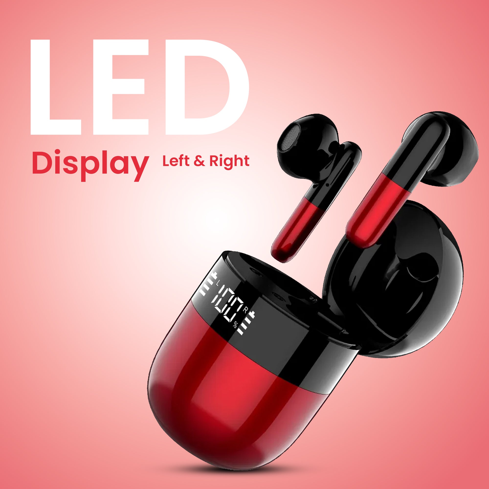 LED Display on red and black earbuds case