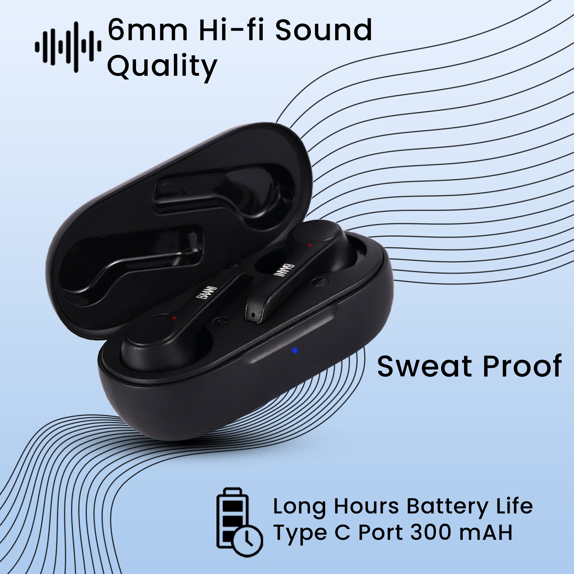 Baani Audio Truly Wireless Earbuds in Ear Bluetooth 5.3 Earphones with Quad mic Technology ENC, 50 H Playtime, Hi-Fi Sound, Low Latency, IPX5, Smart Touch Control, Voice Assistant (Black, BN-201)