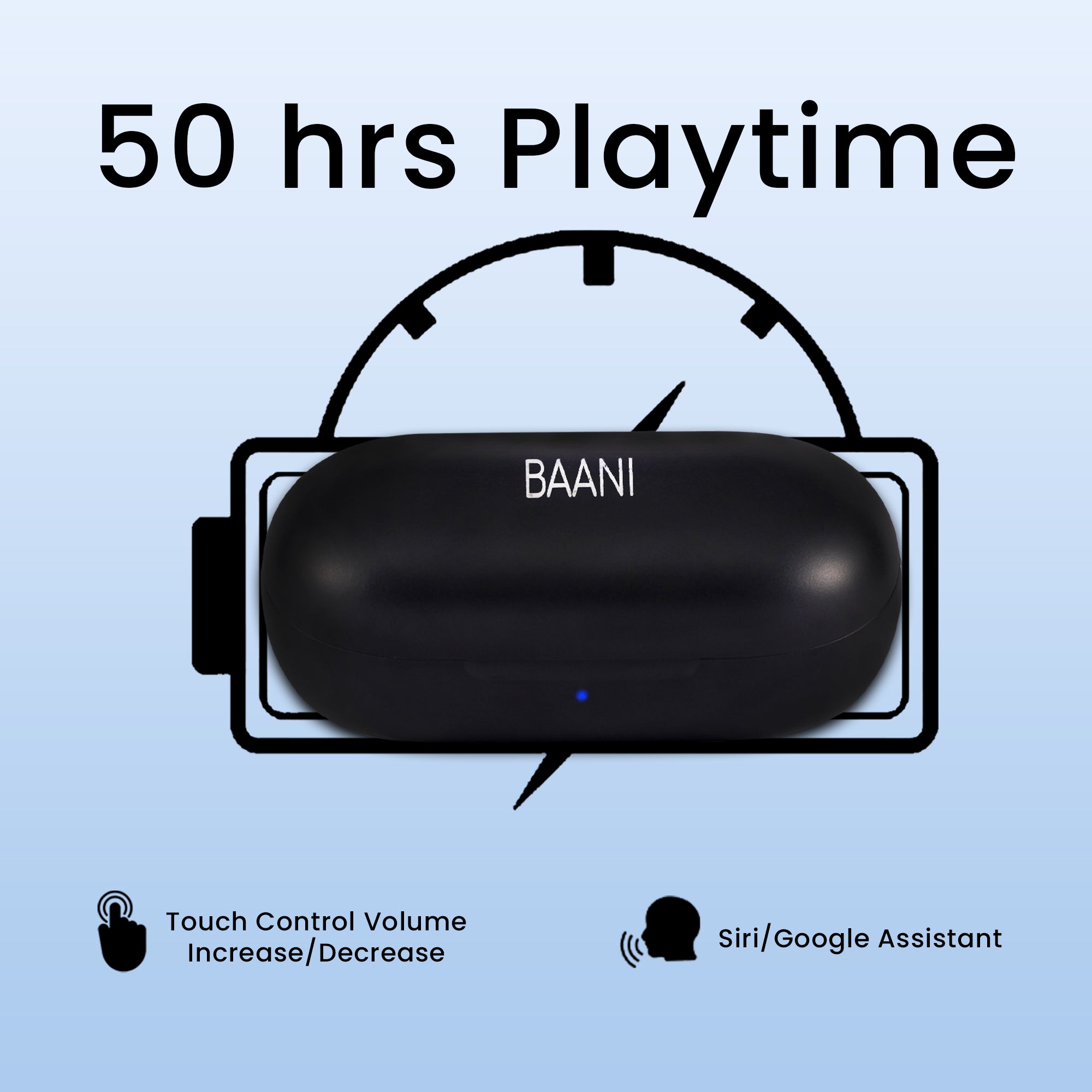 Baani Audio Truly Wireless Earbuds in Ear Bluetooth 5.3 Earphones with Quad mic Technology ENC, 50 H Playtime, Hi-Fi Sound, Low Latency, IPX5, Smart Touch Control, Voice Assistant (Black, BN-201)