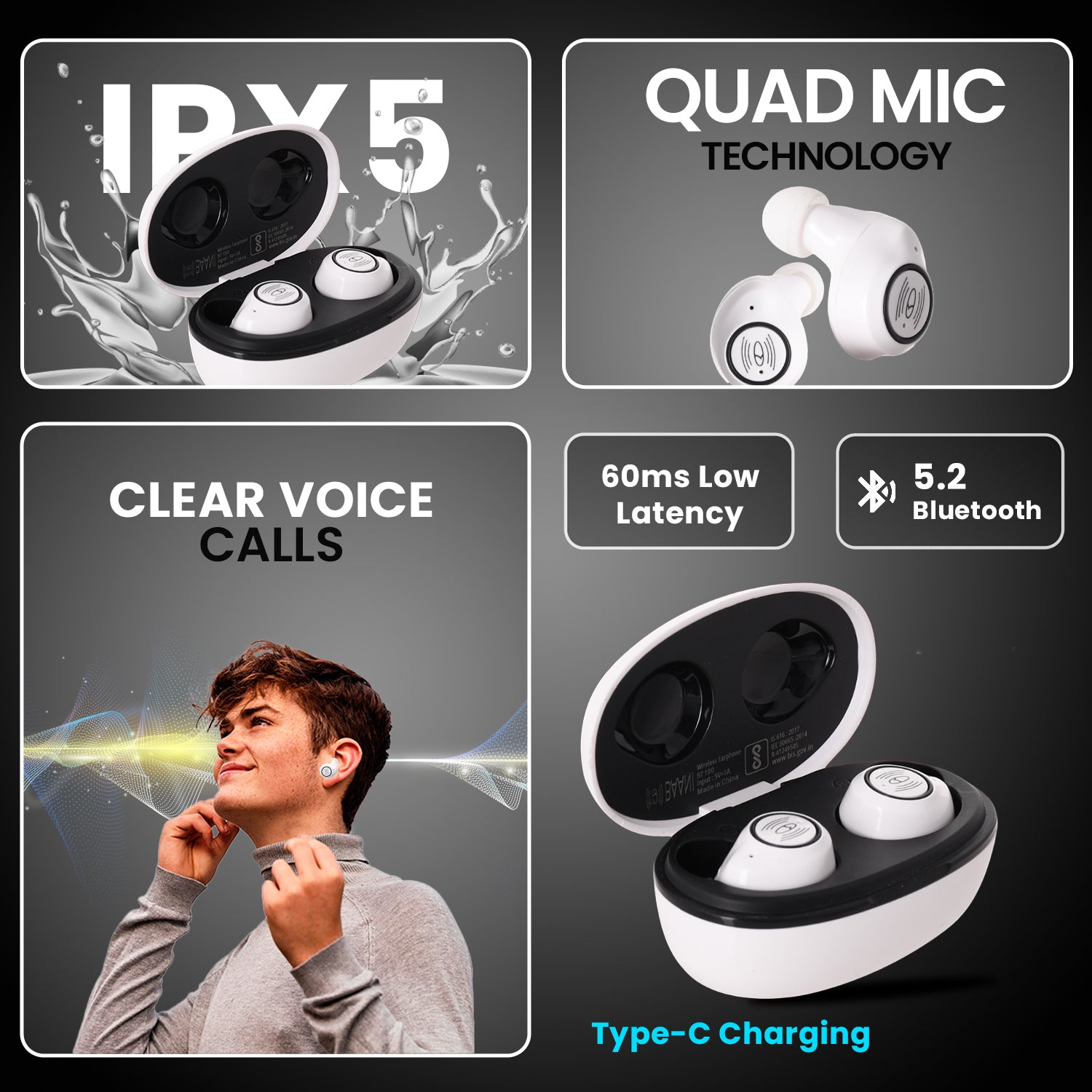 Baani Audio Truly Wireless Earbuds Earphones With Mic With 40 Hrs Playtime Crystal Clear Voice Hifi Sound Quality Instant Pairing Type-C Charging Low Latency Gaming Ipx5 (Bt100 - White) - In Ear