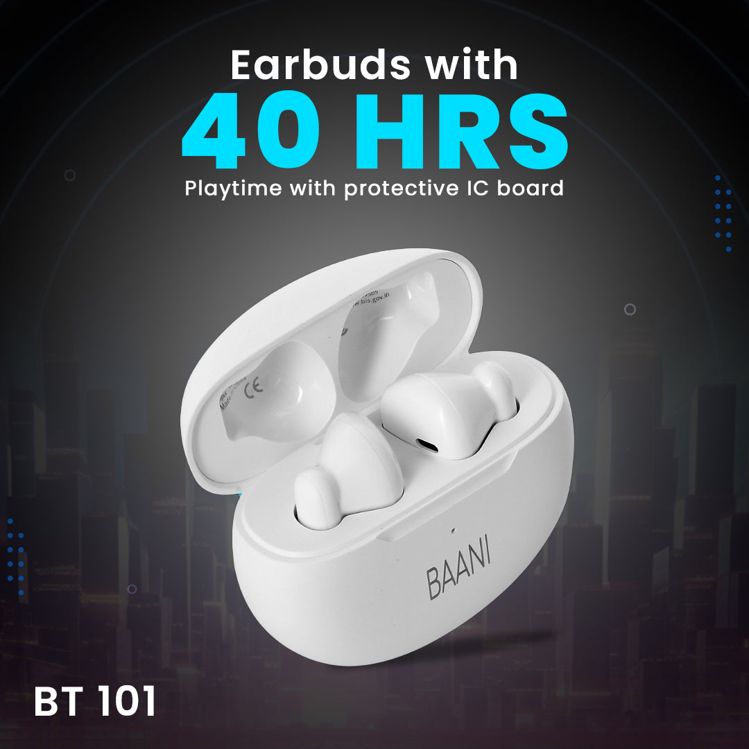 Baani Audio Truly Wireless Earbuds Tws Bluetooth Earphones With Mic With 40 Hrs Playtime In Single Charge Instant Pairing 13Mm Dynamic Driver Low Latency Gaming Ipx5 Lightweight-Black (Bt101)-In Ear