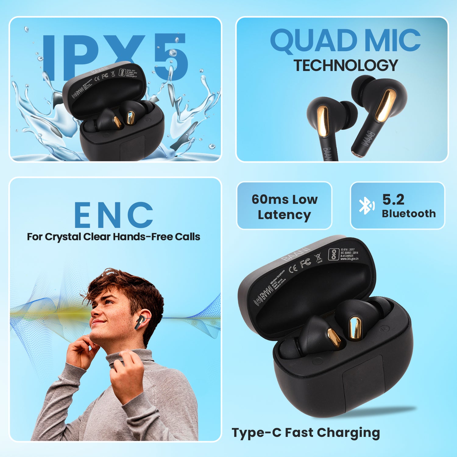 Baani Audio Wireless Earbuds Tws Earphones Bluetooth Quad Mic Technology Enc With 40 Hrs. Playtime Heavy Bass Sound Quality Low Latency For Gaming Mode Ipx5 Smooth Touch Controls-White (Bt102)-In Ear