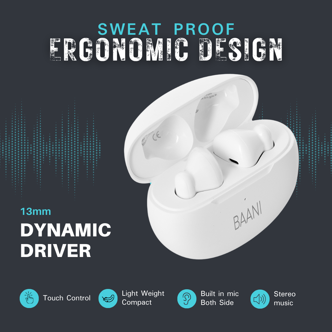ergonomic feature of white coloured earbuds BT 101 by Baani