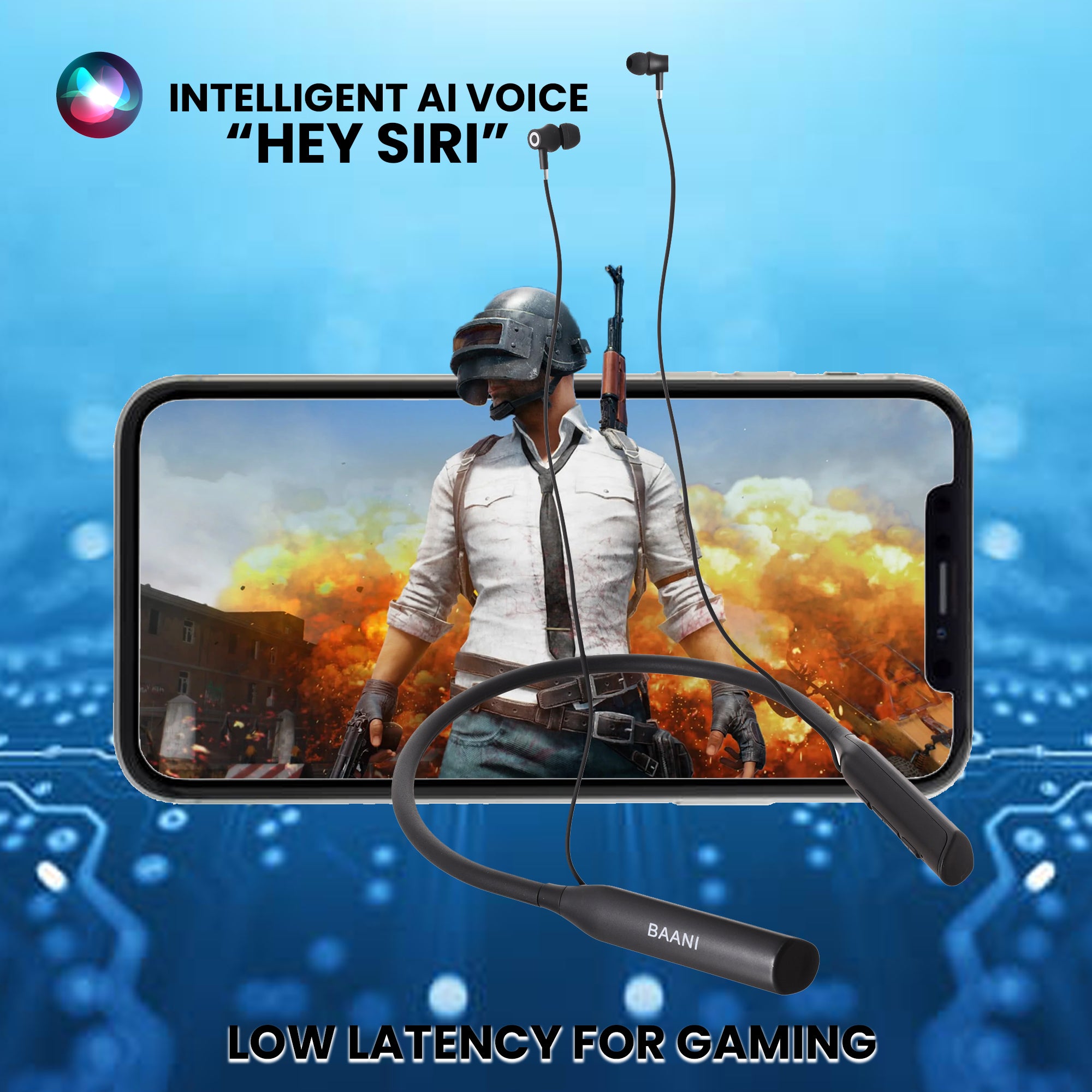 A smartphone is playing the game PUBG while connected to a black BN 206 Baani neckband.