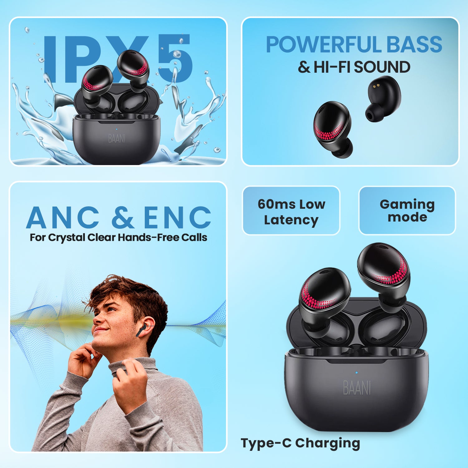 Baani Audio BT103 Truly in Ear Bluetooth 5.2 Earphones with Mic & Smooth Touch Control Bluetooth Headset(With ANC & ENC)  (Black, True Wireless) 40 HRS Playtime