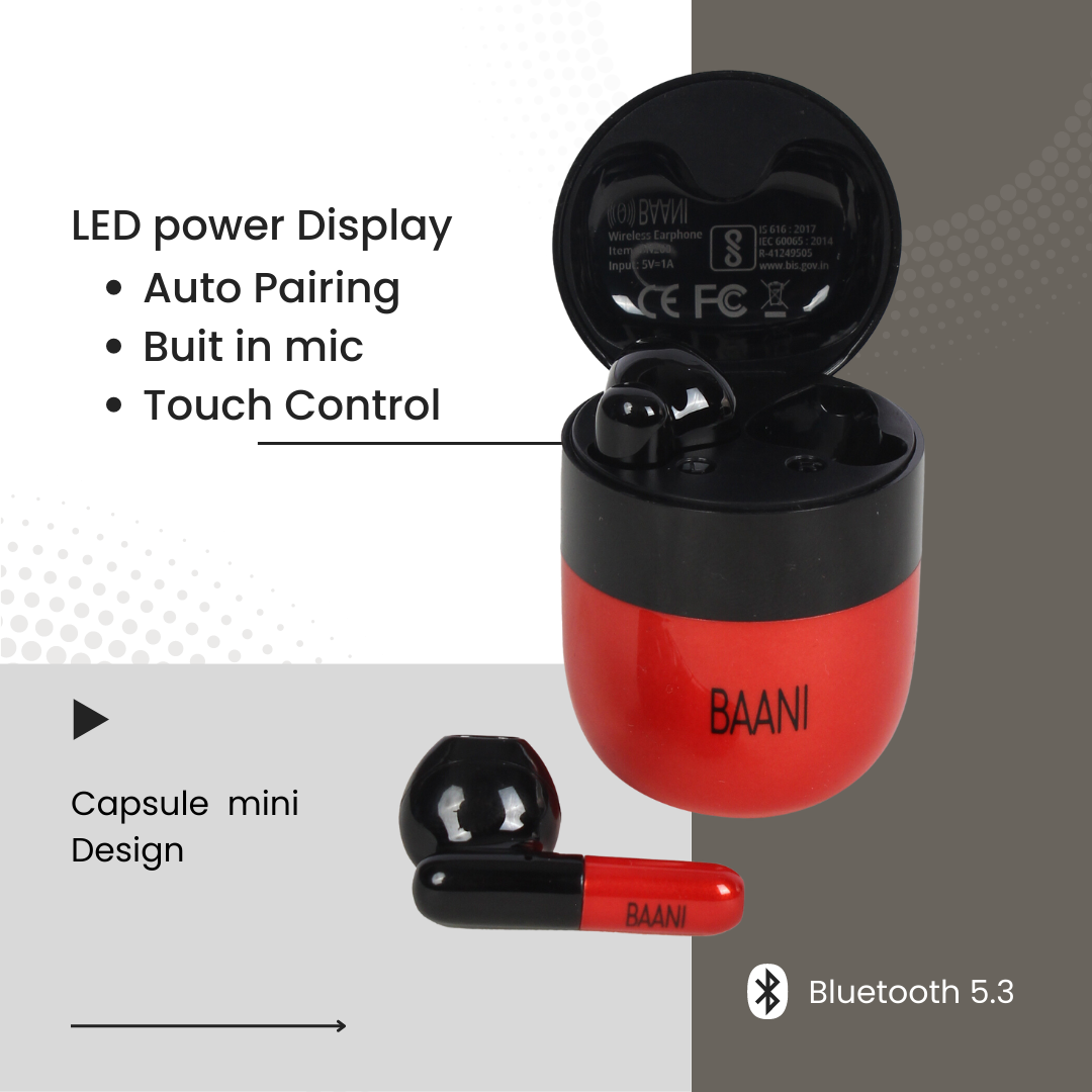 Baani earbuds in red and black colour highlighting the features