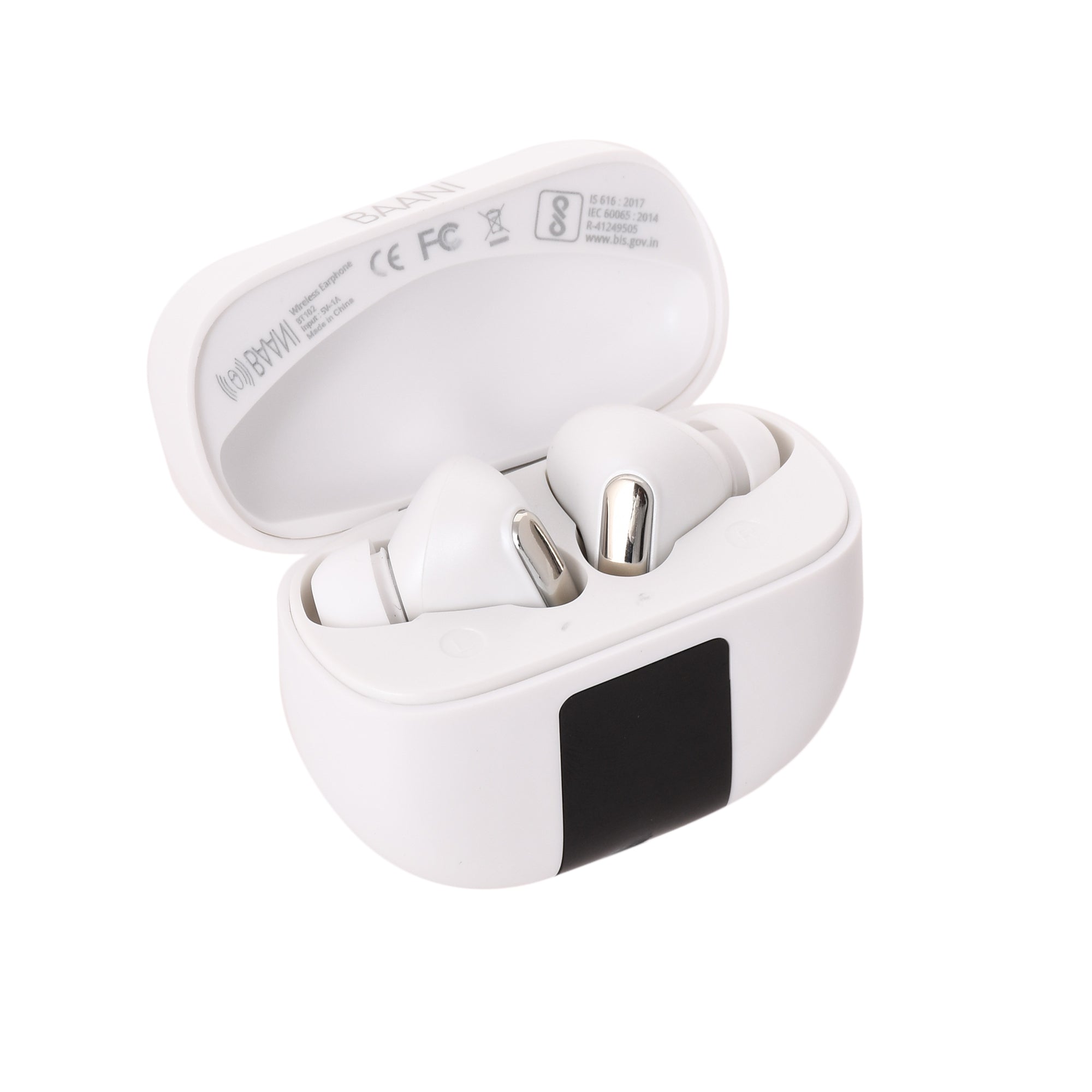 Top view of BT 102 Earbuds in white colour 