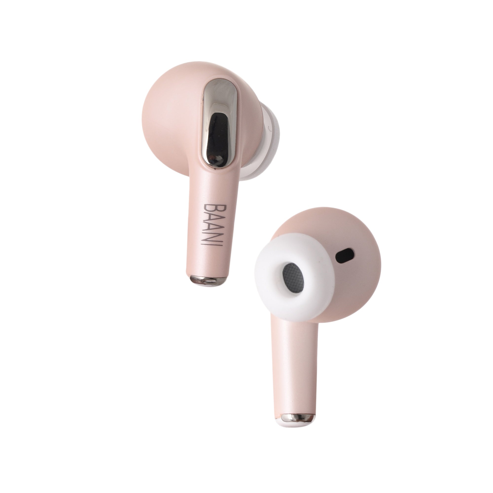 closeup of BT 102 earbuds by Baani Audio in pink colour