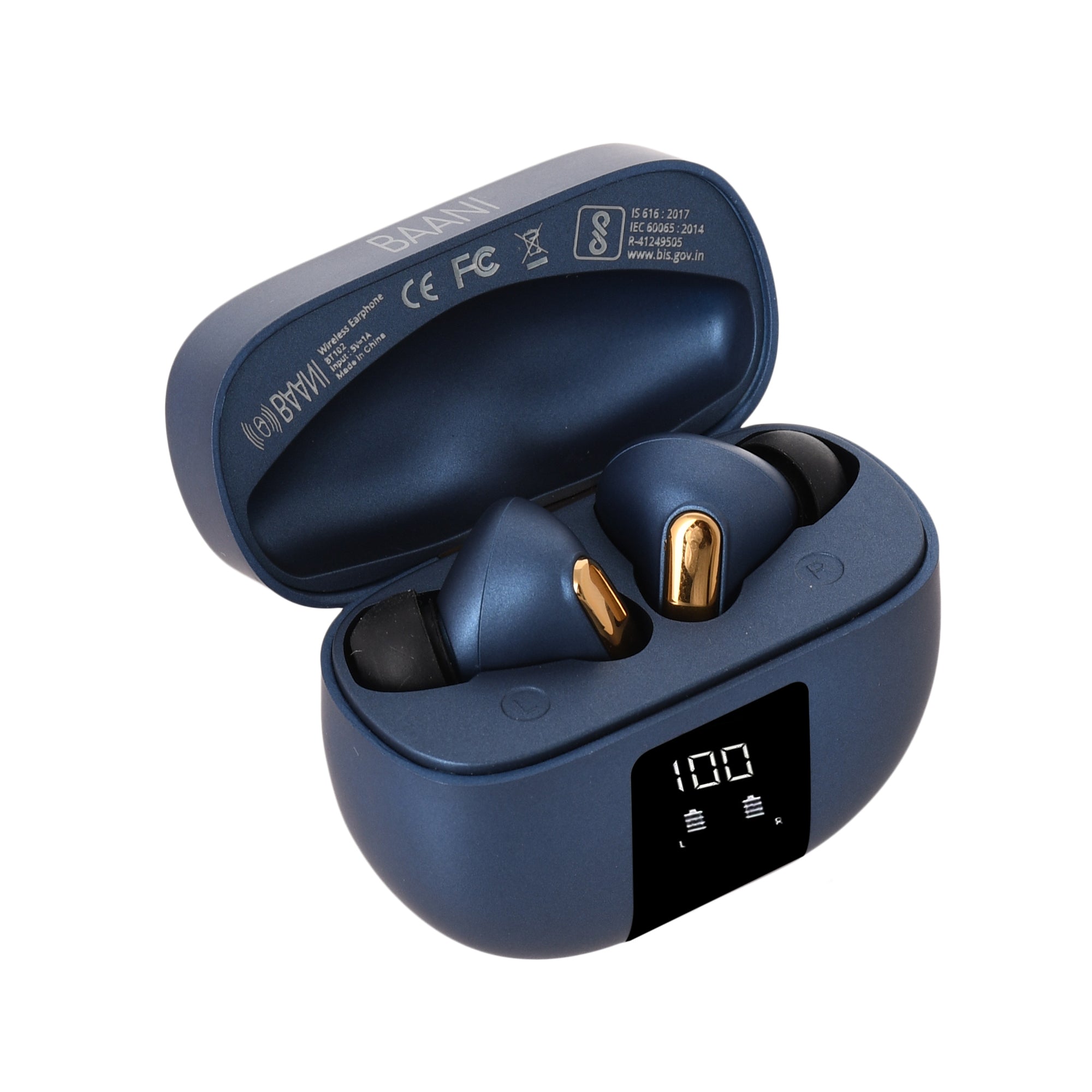 top view of blue coloured earbuds case of BT 102