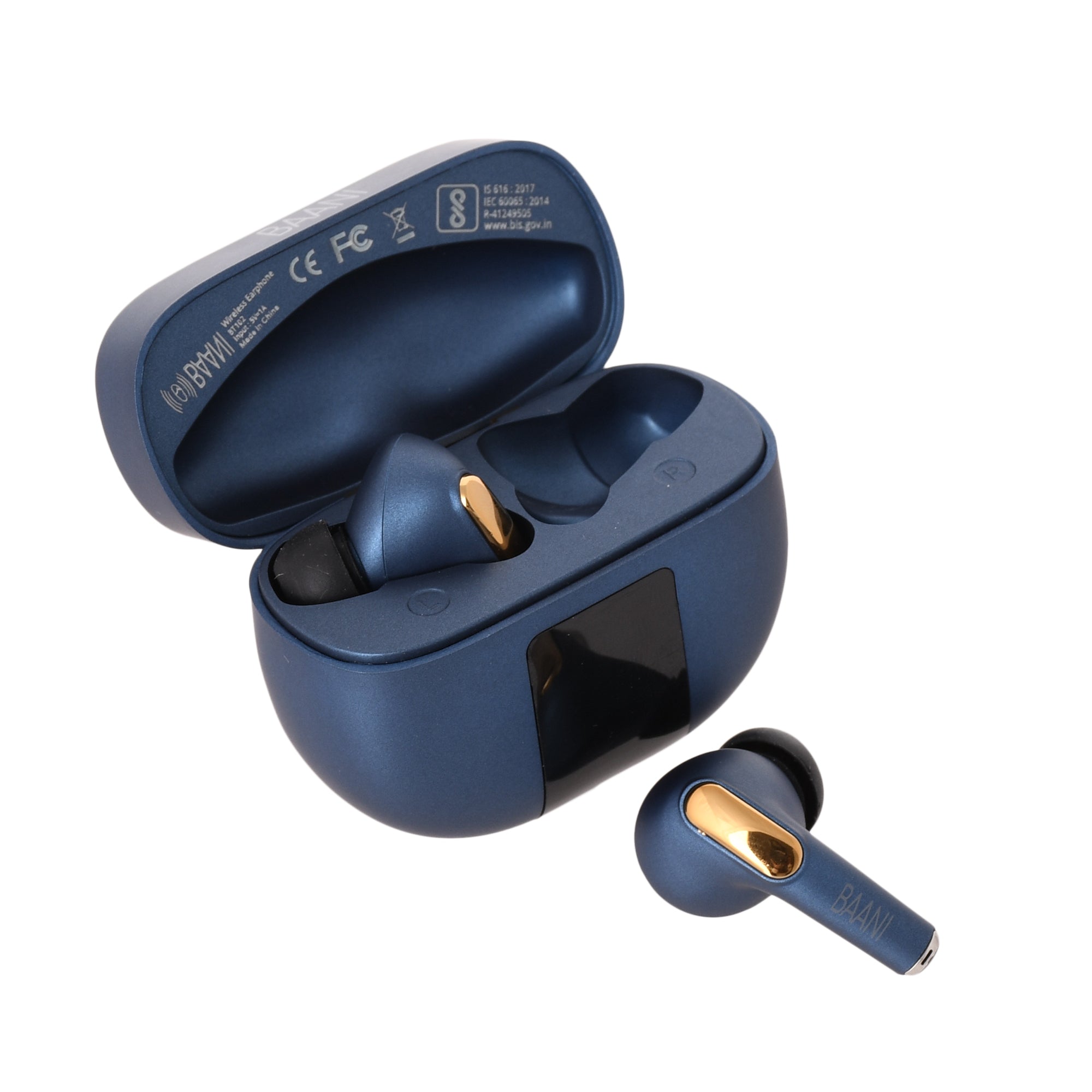 close up of blue earbuds case of BT 102 by Baani Audio