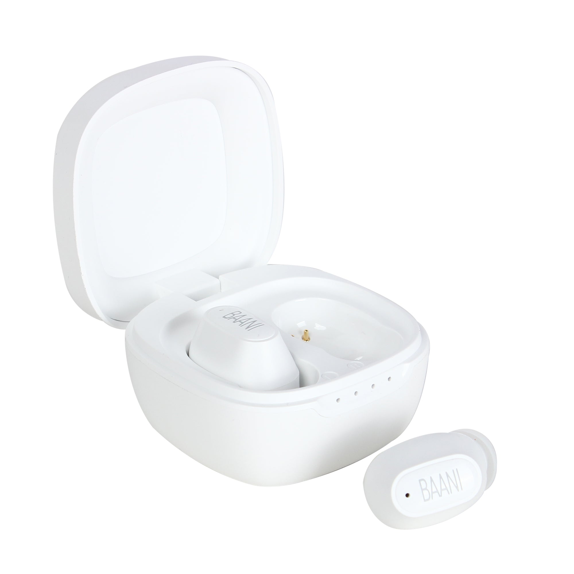 White earbuds case of BT 104 by Baani Audio
