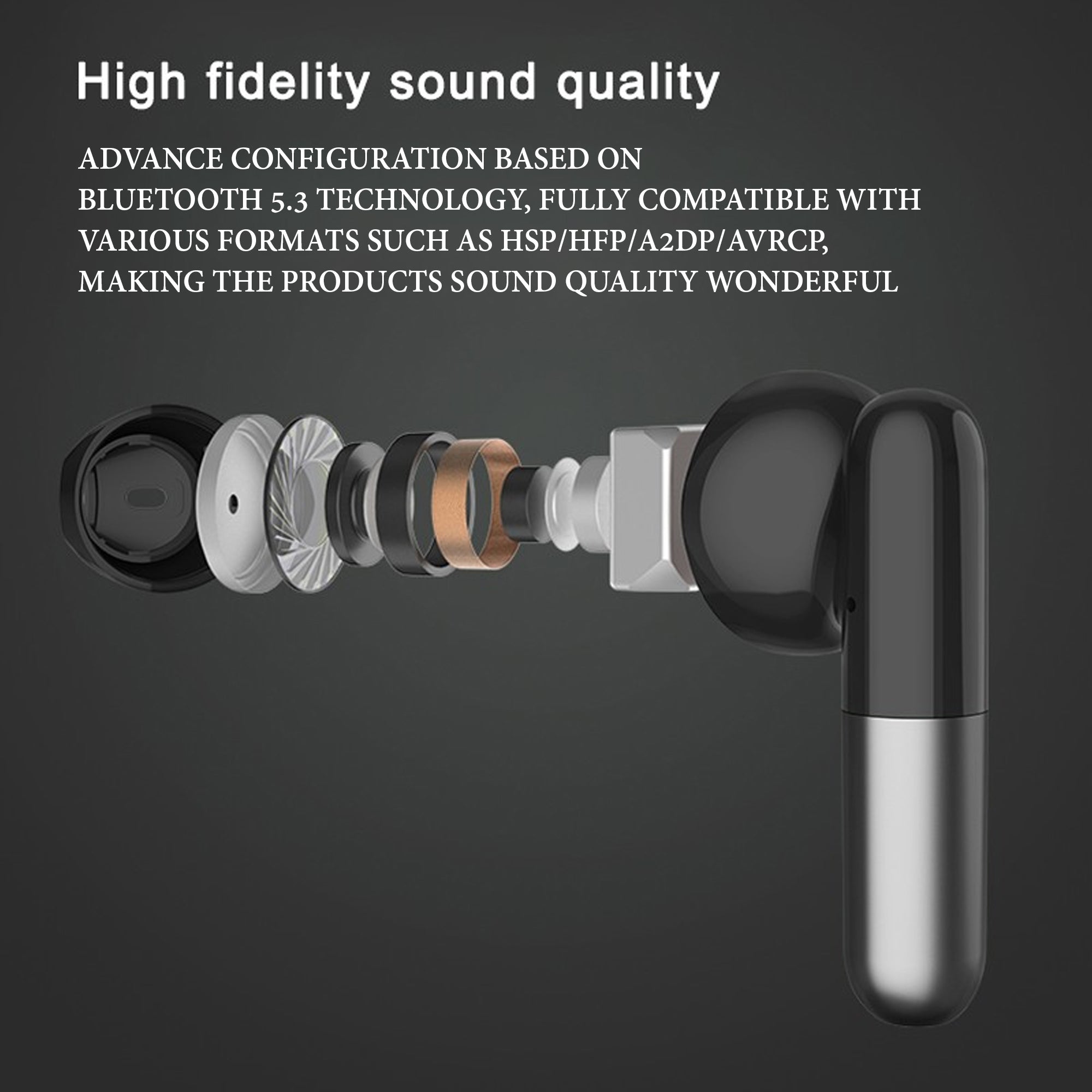 High fidelity features of black and grey earbuds