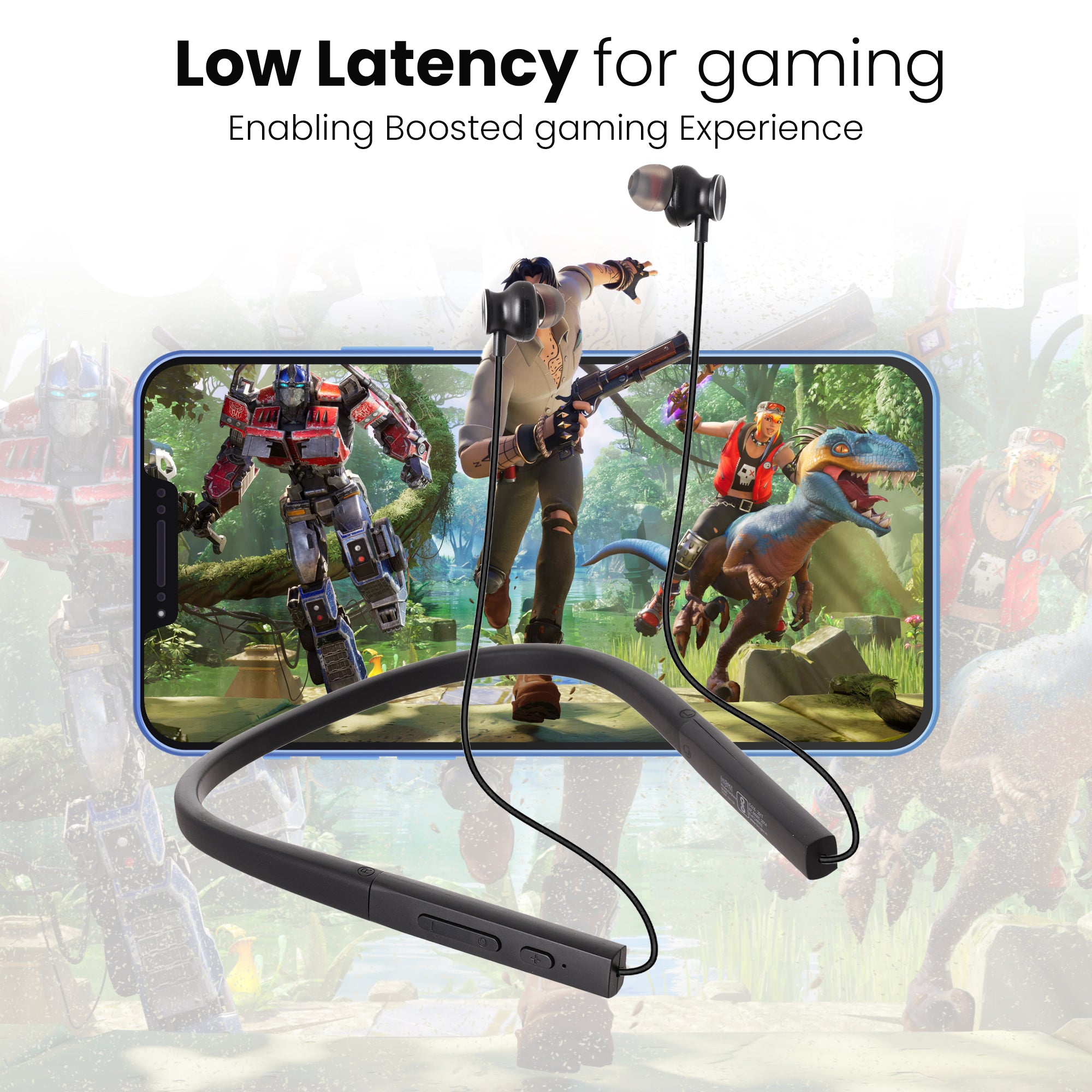 A smartphone playing an online game and black neckbands depicting low latency