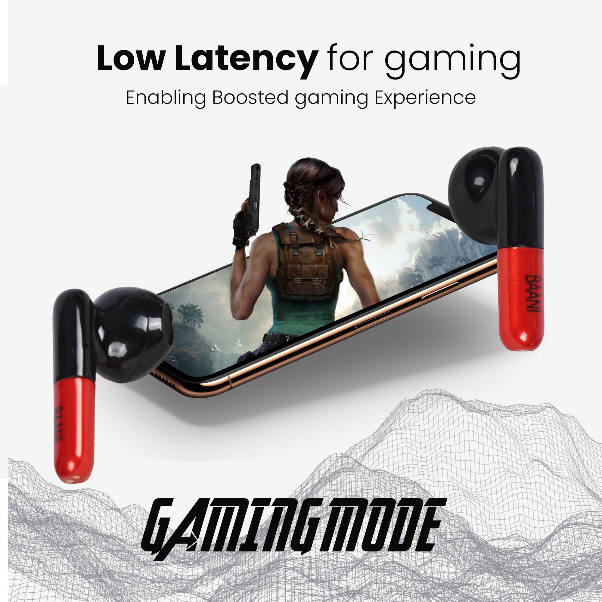 smartphone with game being played in it and two red earbuds at the sides