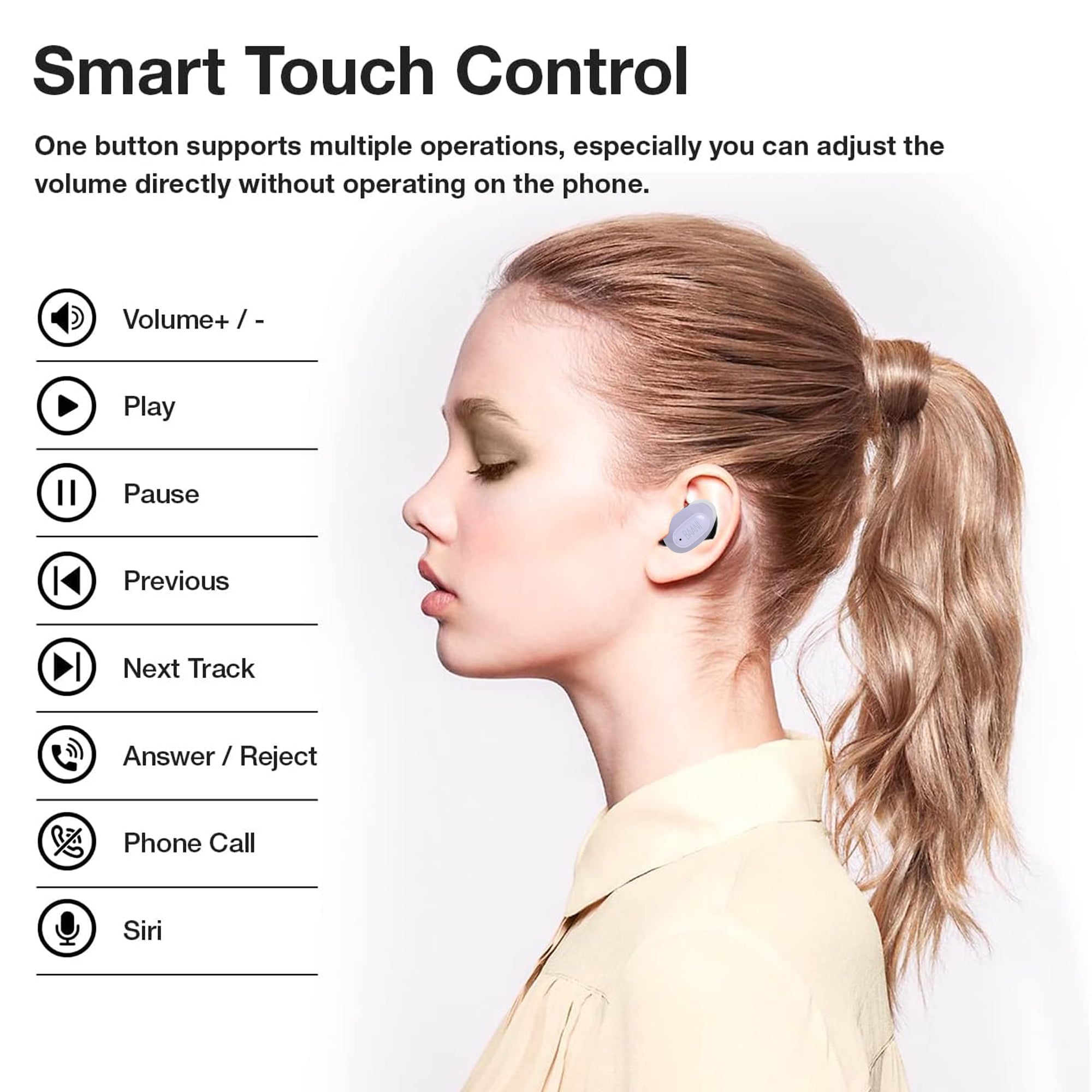 smart touch feature of BT 104 earbuds by Baani Audio