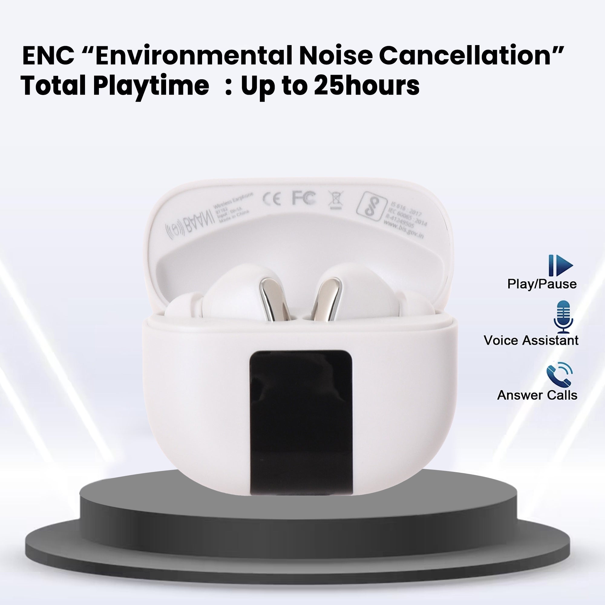 ENC Feature of white earbuds BT 102 